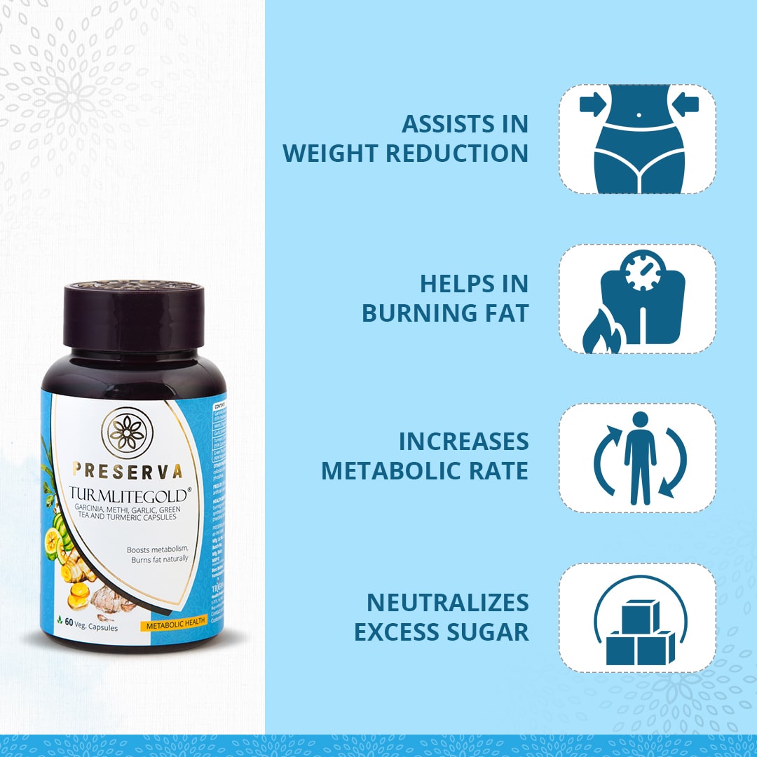 Preserva Wellness Turmlitegold Capsules with its Benefits. Text written- Assists in weight reduction, helps in burning fat, increases metabolic rate, and neutralizes excess sugar.