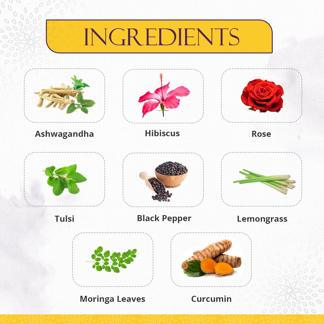 Ingredients of Preserva Wellness Immune Boosting Tea. (Ashwagandha, Hibiscus, Rose, Tulsi, Black Pepper, Lemongrass, Moringa Leaves, and Curcumin)