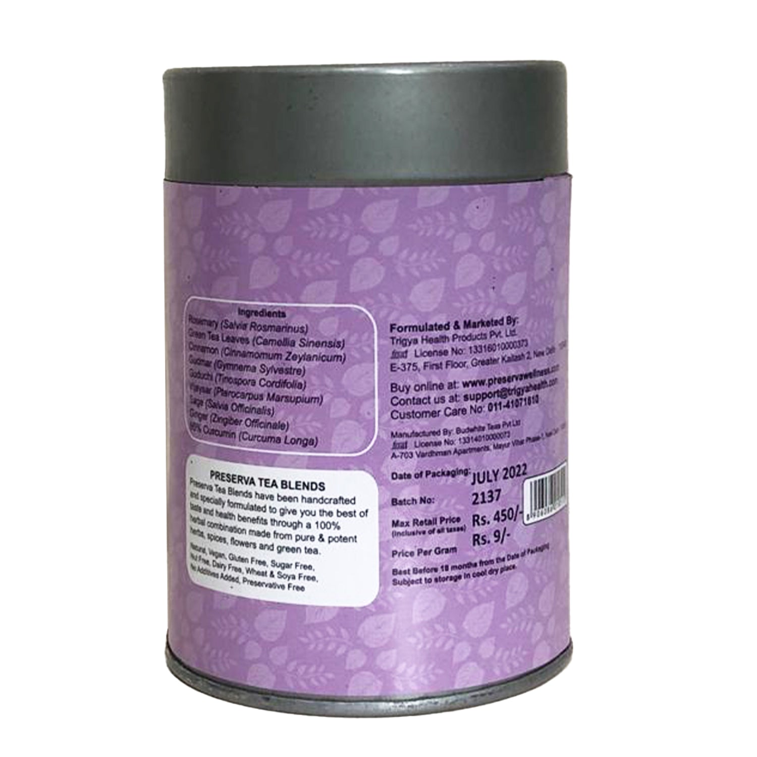 Preserva Wellness Diabetic Care Curcumin Tea Box 50 grams Back Lable on a white background.