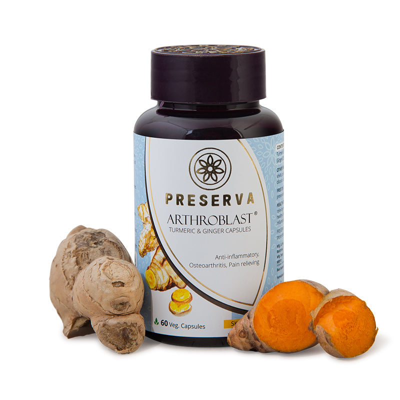 Preserva Wellness Arthroblast Capsules with curcumin & ginger on a white background.