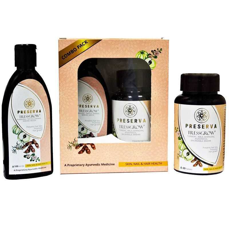 Preserva Wellness Tressgrow Tablets & Oil with Combo box on a white background.