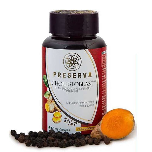 Preserva Wellness Cholestoblast Capsules with black pepper & sliced curcumin on a white background.