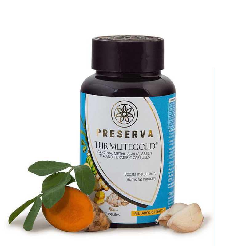 Preserva Wellness Turmlitegold Capsules with sliced curcumin & garlic on a white background.