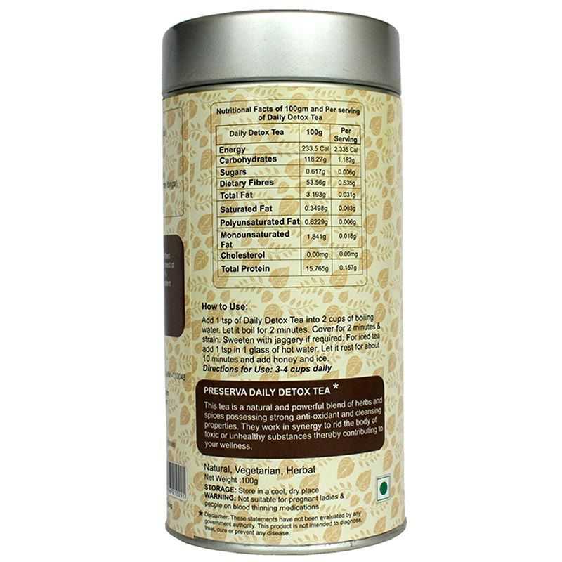 Nutritional Value on the back label of Daily Detox Tea.
