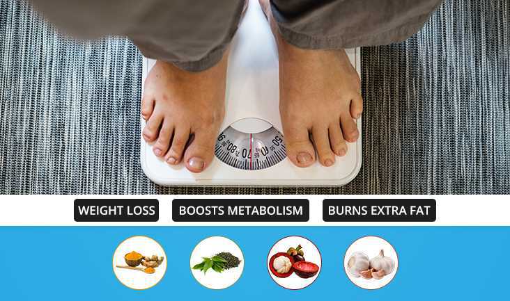 A person checking his weight in the weight machine. Text written: Weight loss, boosts metabolism, and burns extra fat.