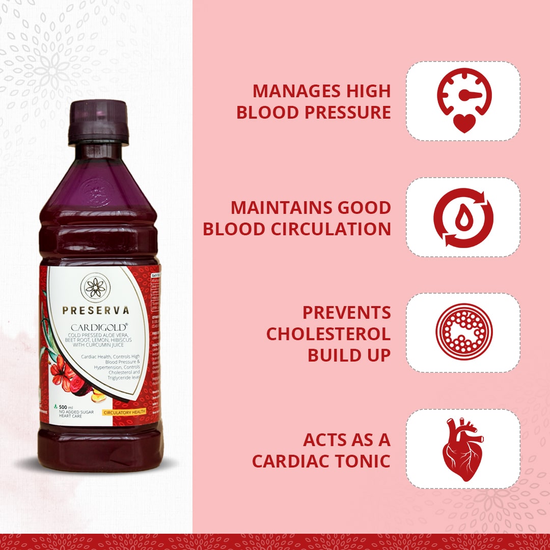 Preserva Wellness Cardigold Juice with its Benefits. Text written- Manages high blood pressure, Maintains good blood circulation, Prevents cholesterol build-up, and acts as a cardiac tonic.