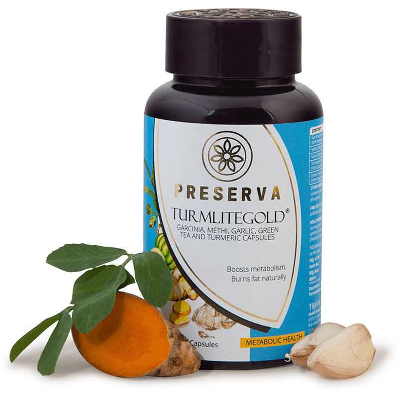 Preserva Wellness Turmlitegold Capsules with sliced curcumin & garlic on a white background.