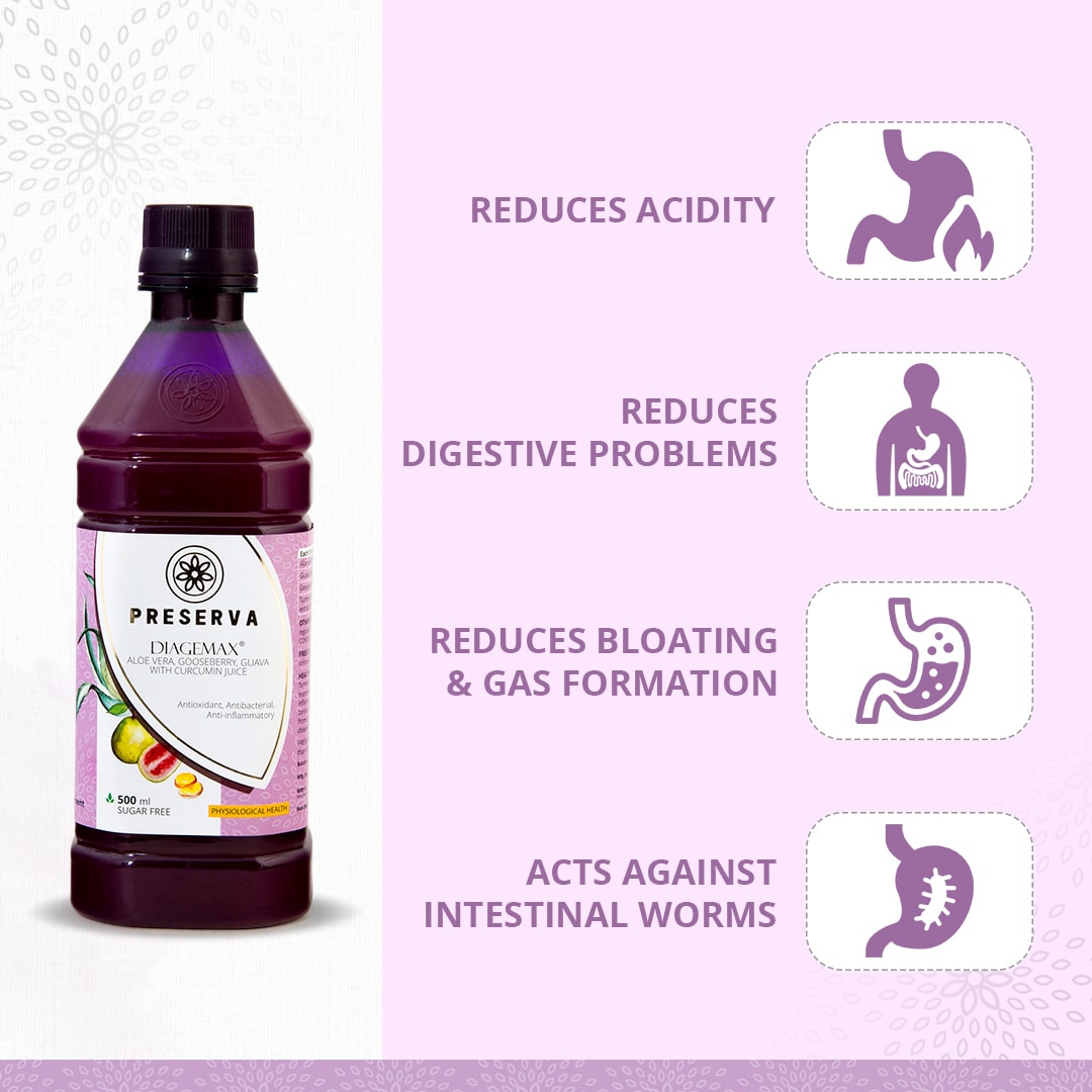 Preserva Wellness Diagemax Juice with its Benefits. Text written- Reduces acidity, Reduces digestive problems, Reduces bloating & gas formation, and Acts against intestinal worms.
