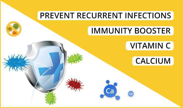 A shield protecting from viruses and infections. Text written- Prevent recurrent infections, immunity booster, Vitamin C, and Calcium. 