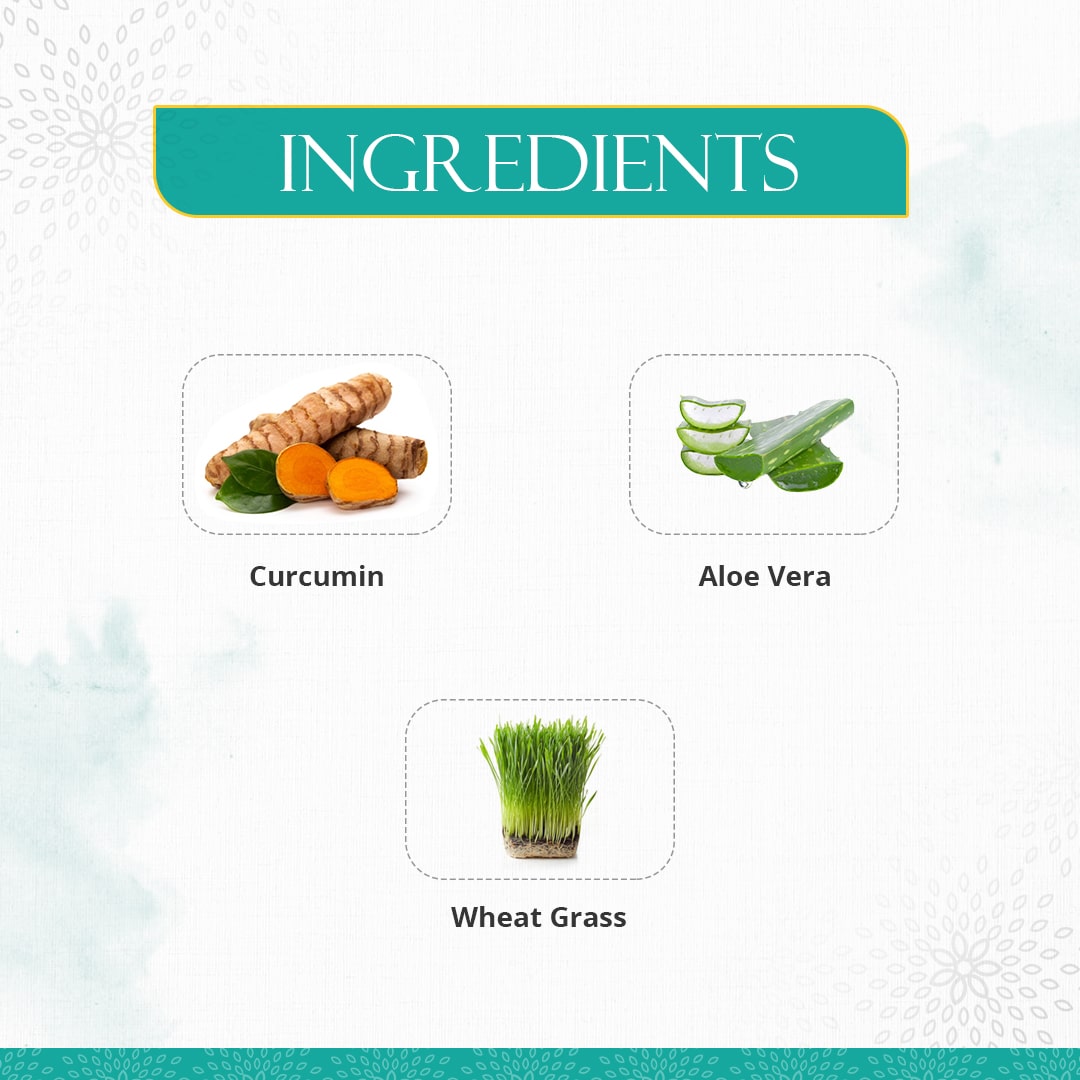 Ingredients of Preserva Wellness Celiacgold Juice. (Curcumin, Aloe Vera, and Wheat Grass)