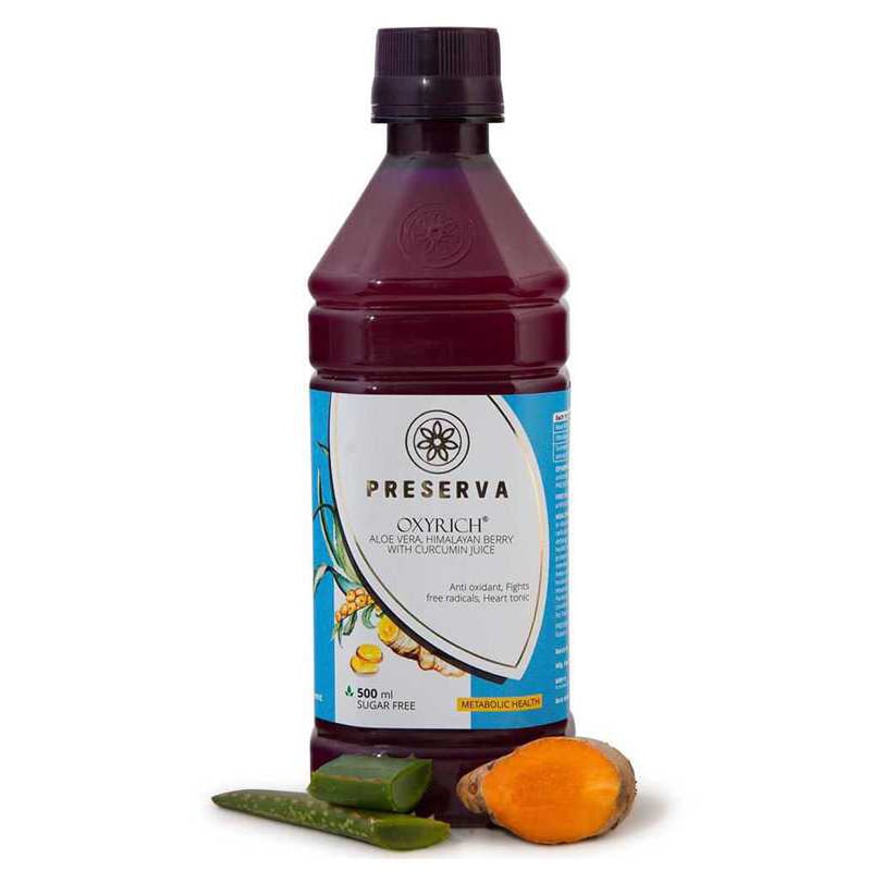 Preserva Wellness Oxyrich Juice with Aloe Vera & Curcumin on a white background.