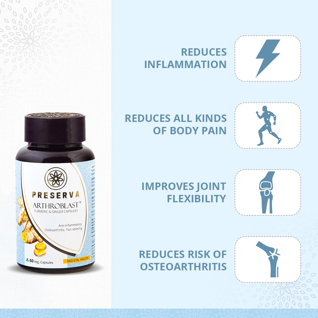 Preserva Wellness Arthroblast Capsules with its Benefits. Text written- Reduces inflammation, reduces all kinds of body pain, improves joint flexibility, and reduces risk of osteoarthritis.