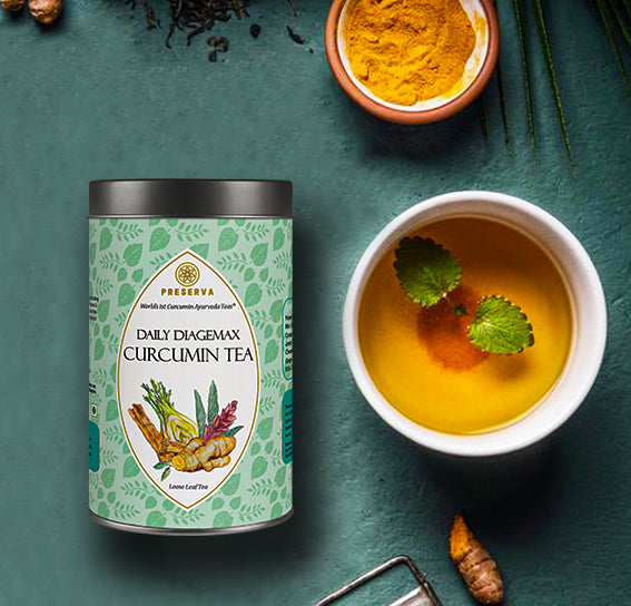 Daily Diagemax Tea 50 grams next to herbal tea with mint in a white glass and a small bowl with Curcumin in it on a green table.