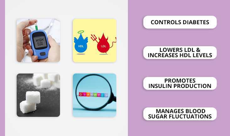 A collage of 4 photos- A photo of checking high blood sugar levels in a machine, A woman looking at ice creams, Sugar cubes, and A diabetes vector with zoom glass. Text written respectively- Controls diabetes, lowers LDL & increases HDL levels, promotes insulin production, and manages blood sugar fluctuations.