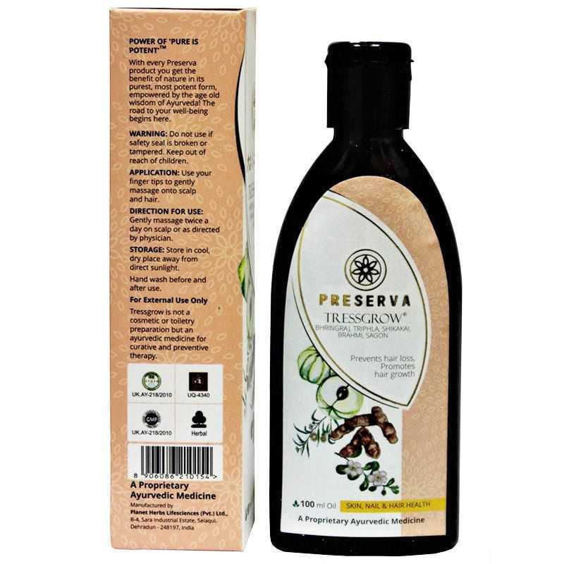 Preserva Wellness Tressgrow Oil product information on a white background.