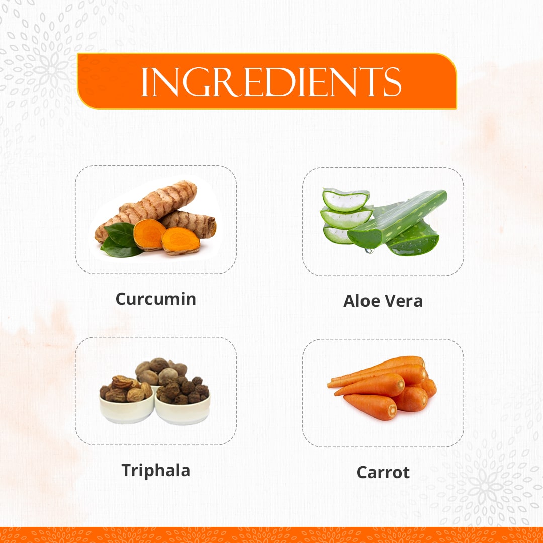 Ingredients of Preserva Wellness Visiongold Juice. (Aloe Vera, Triphala, Carrot & Curcumin)