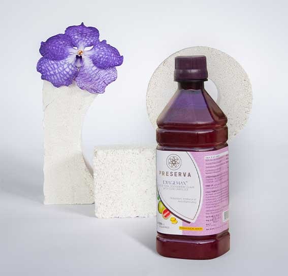 Diagemax Juice in front of different stone shapes in the background with a purple flower on it.