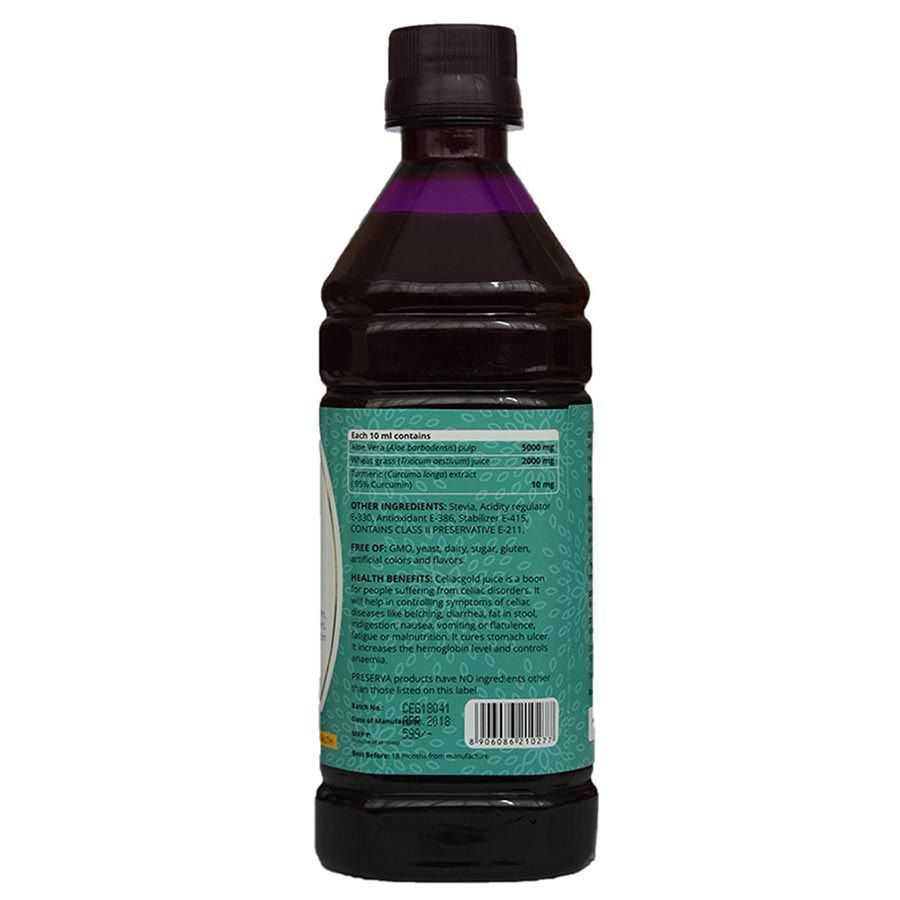 Preserva Wellness Celiacgold Juice Back Lable on a white background.