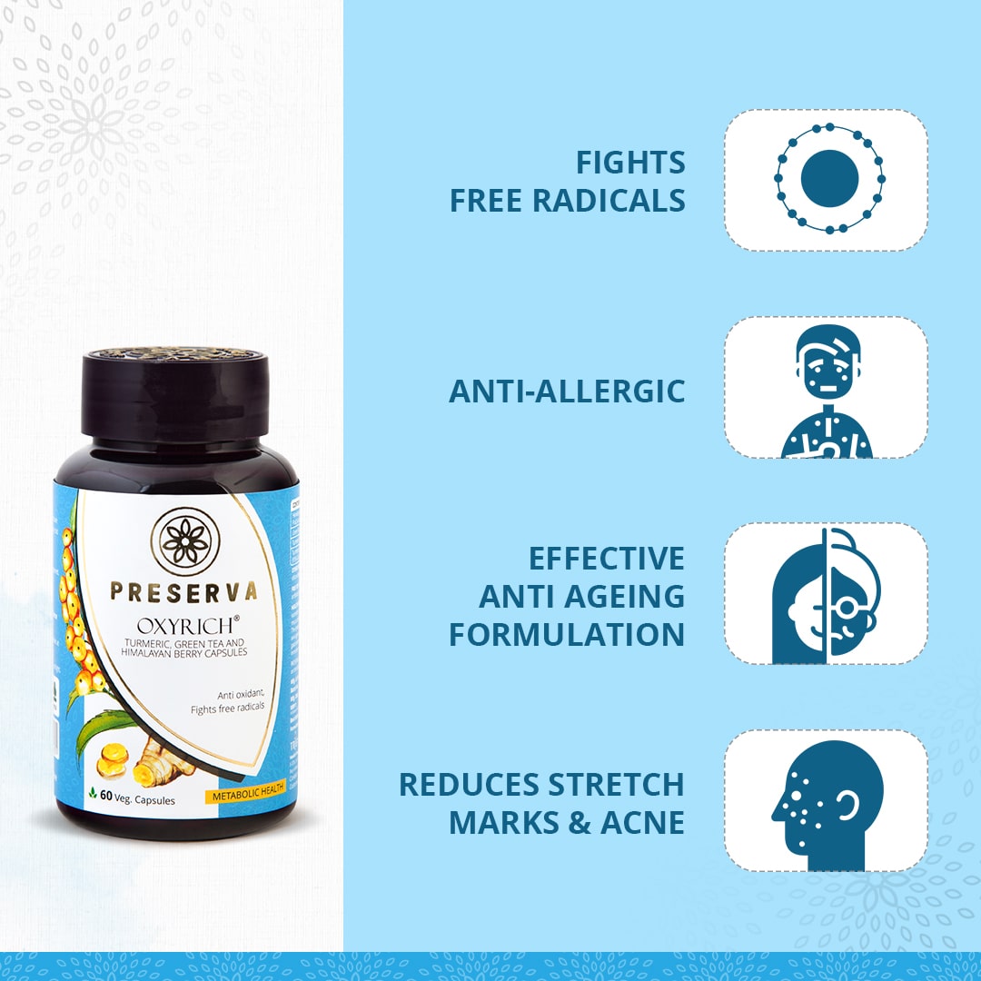 Preserva Wellness Oxyrich Capsules with its Benefits. Text written- Fights free radicals, anti-allergic, effective anti-ageing formulation, and reduces stretch marks & acne.