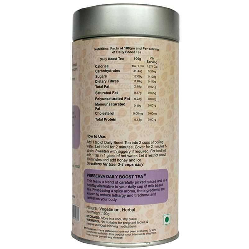 Nutritional Value on the back label of Daily Boost Tea. 