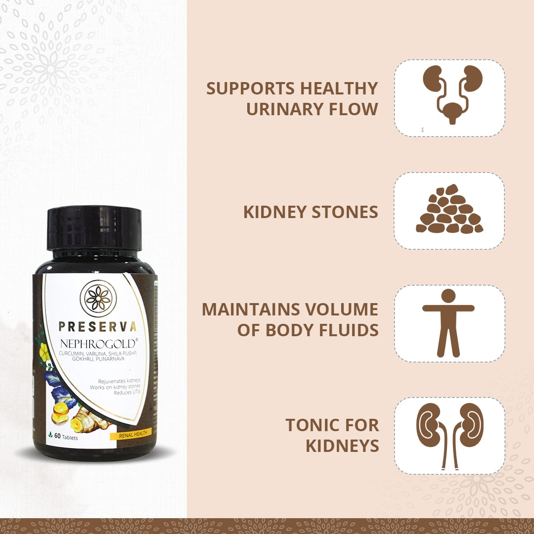 Preserva Wellness Nephrogold Tablets with its Benefits. Text written- Supports healthy urinary flow, kidney stones, maintains volume of body fluids, and tonic for kidneys.
