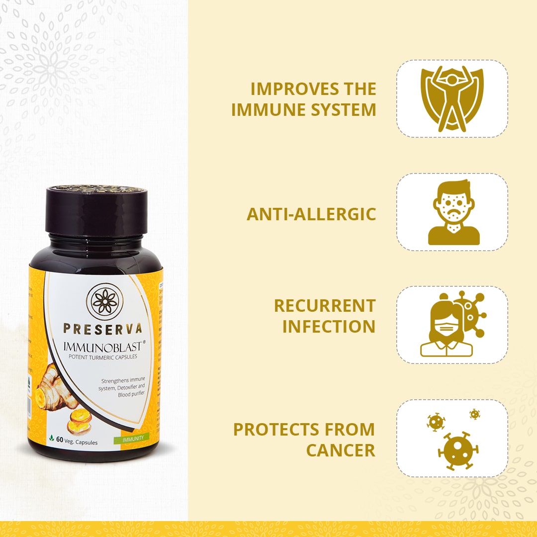 Preserva Wellness Immunoblast Capsules with its Benefits. Text written- Improves the immune system, anti-allergic, recurrent infection, and protects from cancer.