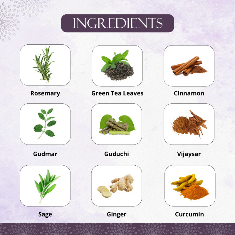  Ingredients of Preserva Wellness Diabetic Care Tea. (Rosemary, Green Tea Leaves, Cinnamon, Gudmar, Guduchi, Vijaysar, Sage, Ginger, and Curcumin)