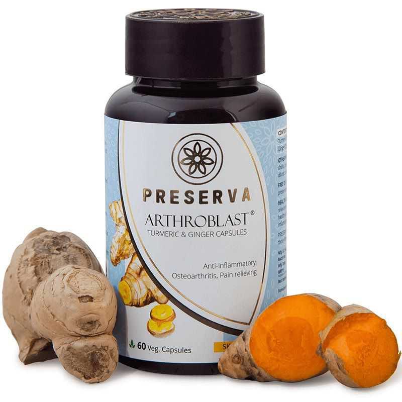 Preserva Wellness Arthroblast Capsules with curcumin & ginger on a white background.