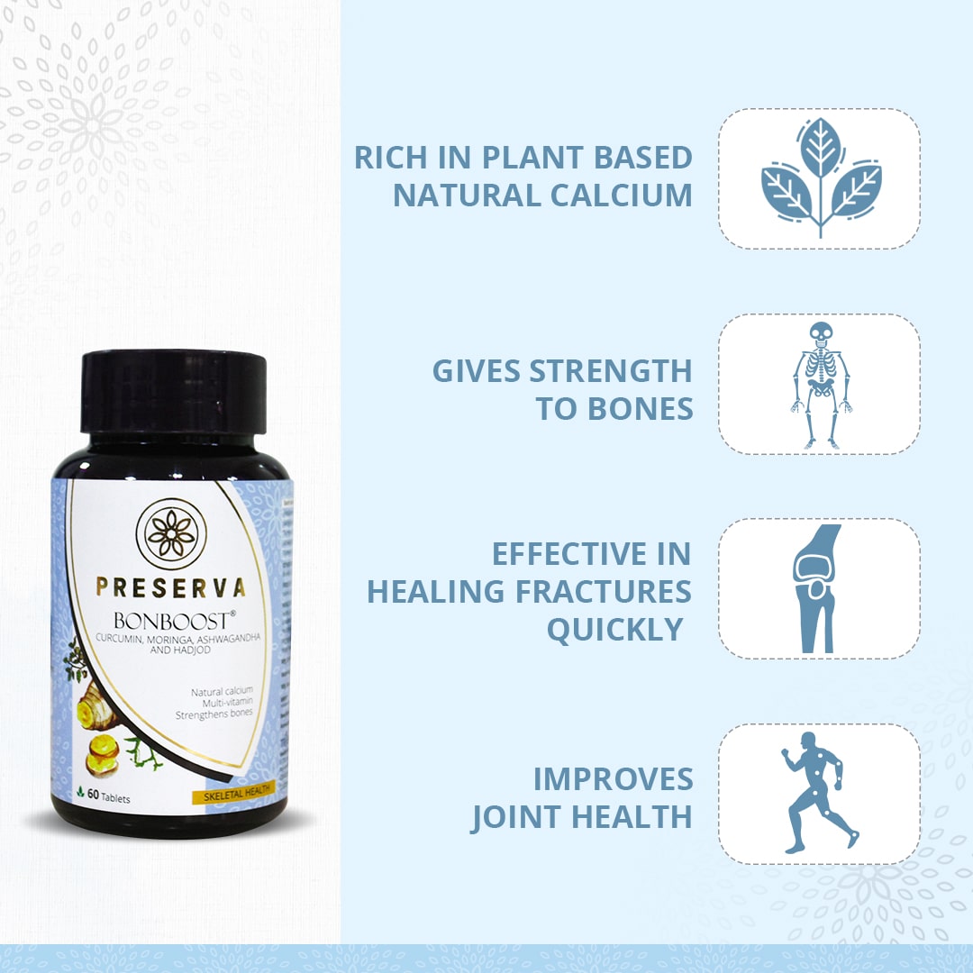 Preserva Wellness Bonboost Tablets with its Benefits. Text written- Rich in plant-based natural calcium, gives strength to bones, effective in healing fractures quickly, and improves joint health.