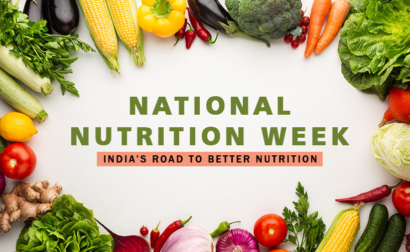 Banner of National Nutrition Week surrounded by fresh raw vegetables