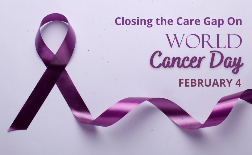 World Cancer Day banner with purple ribbon and text written- Closing the care gap