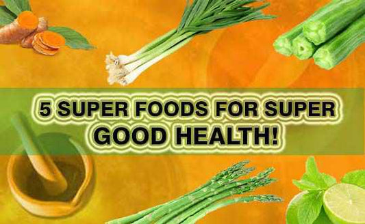 Turmeric, Asparagus, Moringa, Garlic, Lemon with text written- 5 superfoods for super good health