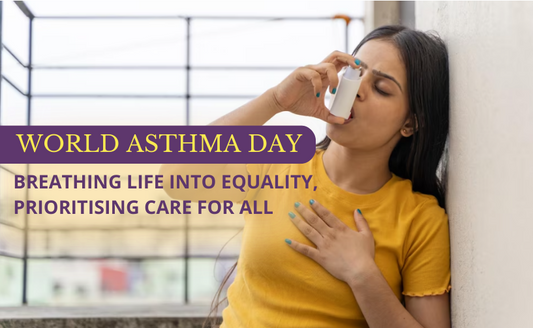A woman using an Asthma inhaler. Banner of World Asthma Day