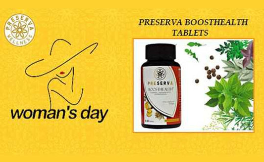 Preserva Wellness Boosthealth tablets next to its ingredients and a vector of a woman with text- woman’s day