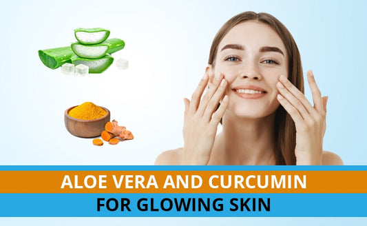 A happy woman smiling and touching her glowing skin next to aloe vera and curcumin powder