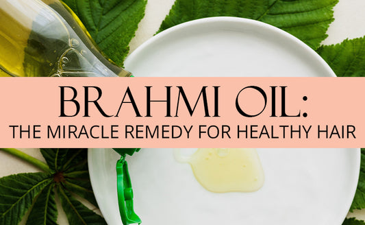 Pouring Brahmi hair oil from a glass bottle on a white plate