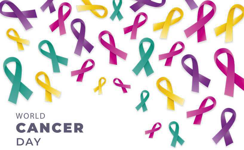 World Cancer Day with Purple, yellow and green ribbons