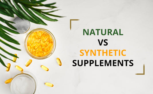 Vegan-friendly capsules in a glass container. Text written- Natural vs Synthetic supplements