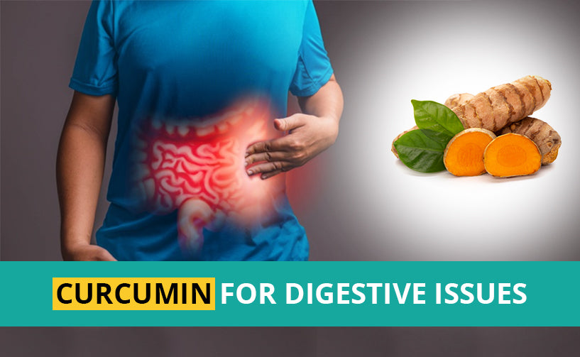 Person having gut issues and an image of organic sliced curcumin