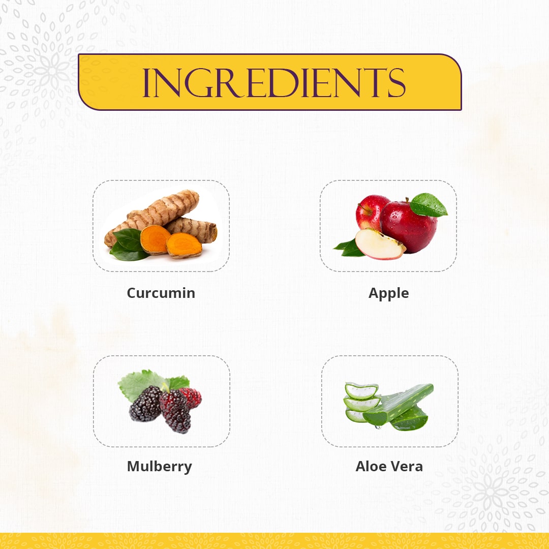 Ingredients of Preserva Wellness Immunoblast Juice. (Curcumin, Apple, Mulberry, and Aloe Vera)