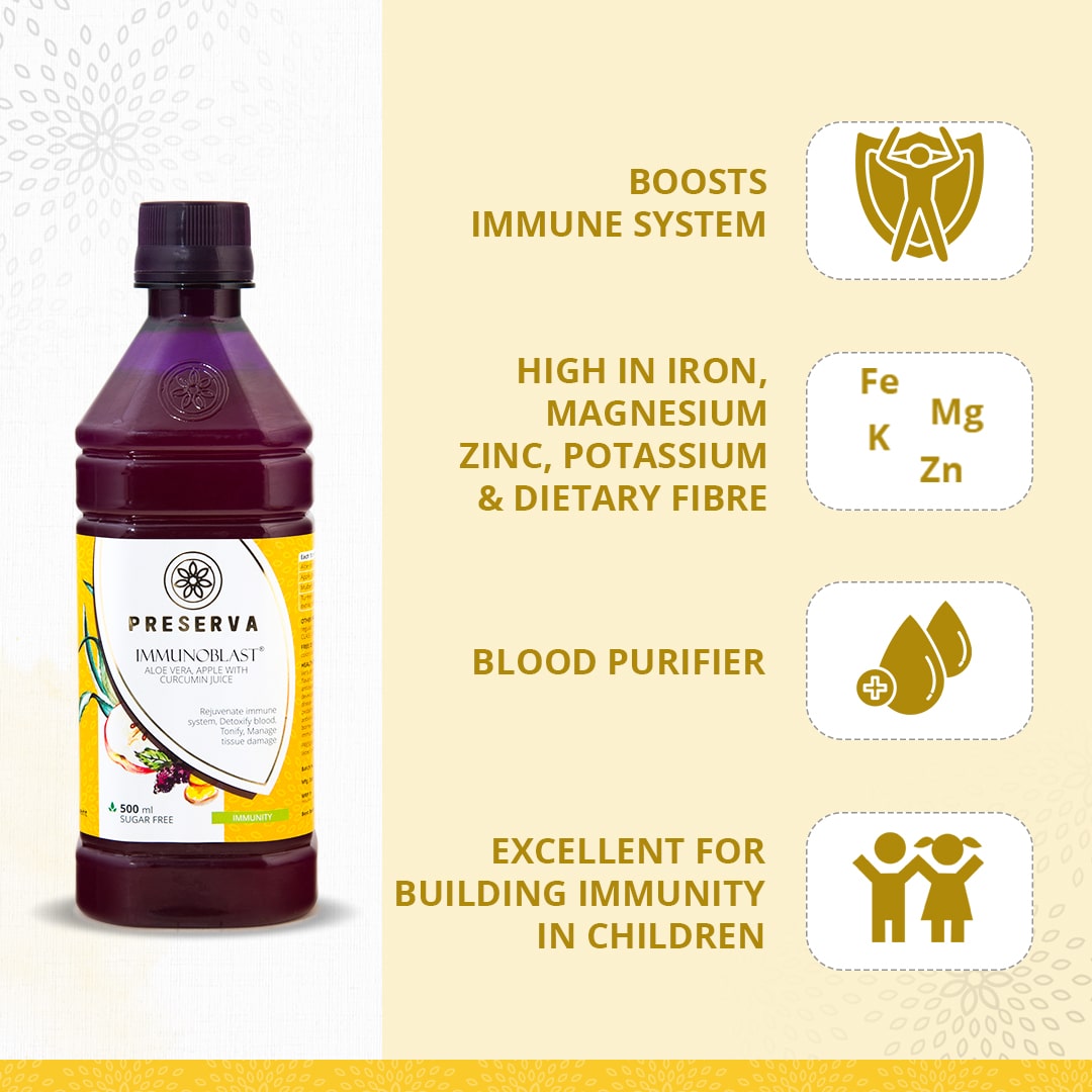 Preserva Wellness Immunoblast Juice with its Benefits. Text written- Boosts immune system, High in iron, magnesium, zinc, potassium & dietary fibre, blood purifier, and excellent for building immunity in children.