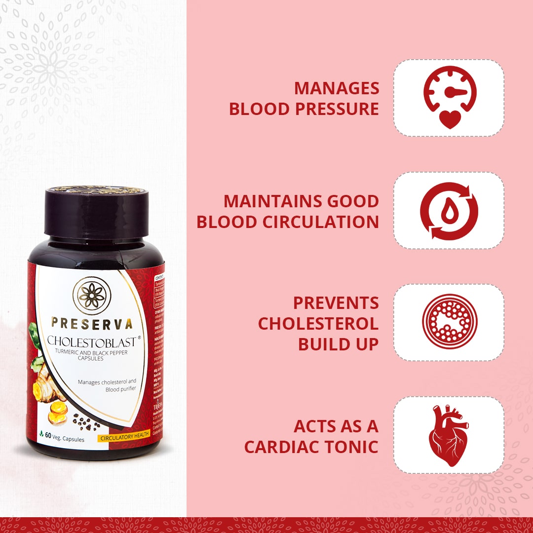 Preserva Wellness Cholestoblast Capsules with its Benefits. Text written- Manages blood pressure, maintains good blood circulation, prevents cholesterol build-up, and acts as a cardiac tonic.