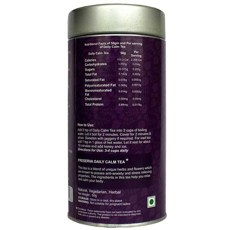Nutritional Value on the back label of Daily Calm Tea Box.