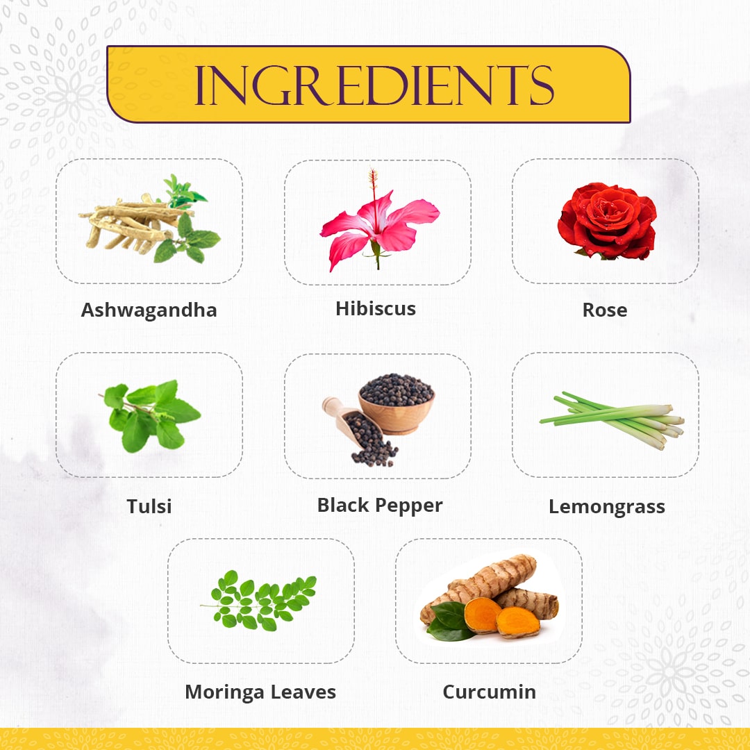 Ingredients of Preserva Wellness Immune Boosting Tea. (Ashwagandha, Hibiscus, Rose, Tulsi, Black Pepper, Lemongrass, Moringa Leaves, and Curcumin)