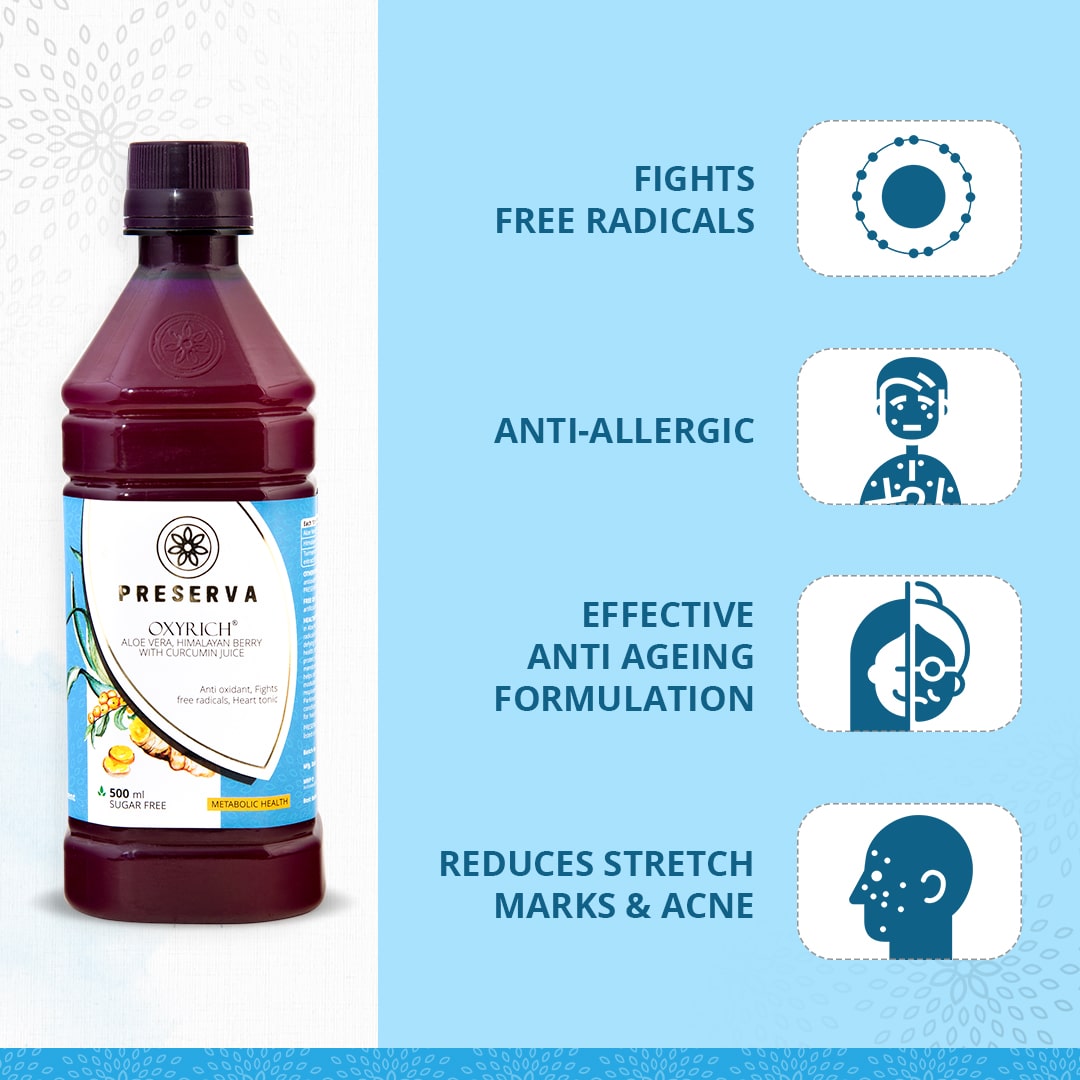 Preserva Wellness Oxyrich Juice with its Benefits. Text written- Fights free radicals, Anti-allergic, Effective anti-ageing formulation and Reduces stretch marks & acne.