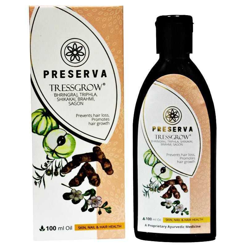 Preserva Wellness Tressgrow Oil and box on a white background