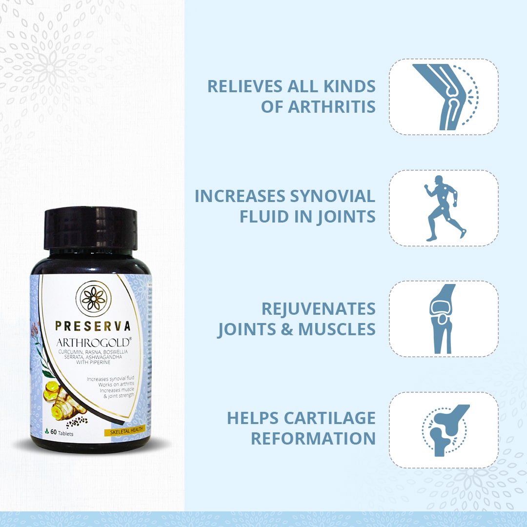 Preserva Wellness Arthrogold Tablets with its Benefits. Text written- Relieves all kinds of arthritis, increases synovial fluid in joints, helps cartilage reformation, and reduces joint pain.