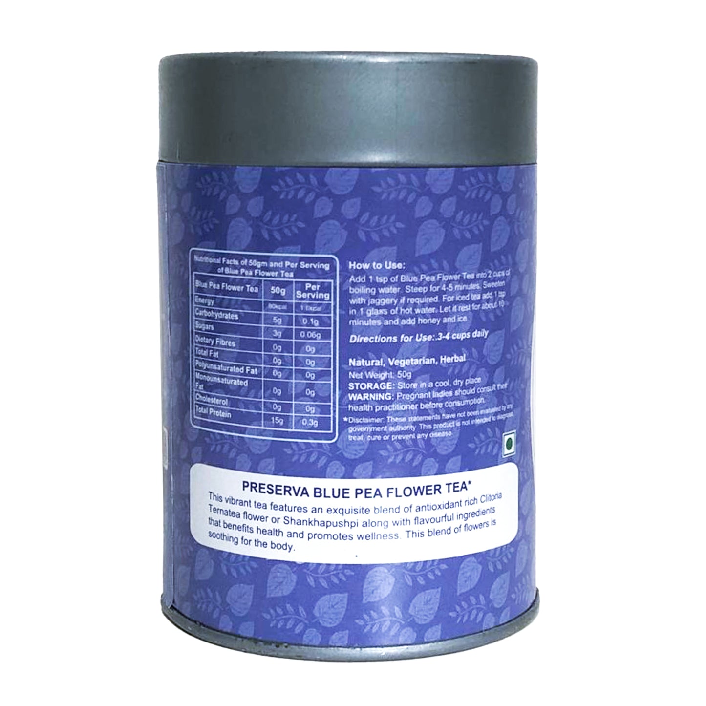 Preserva Wellness Blue Pea Flower Tea box 50 grams Back Lable on a white background.