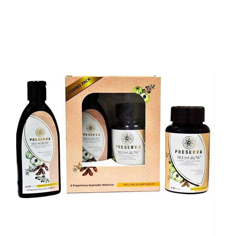 Preserva Wellness Tressgrow Tablets & Oil with Combo box on a white background. 