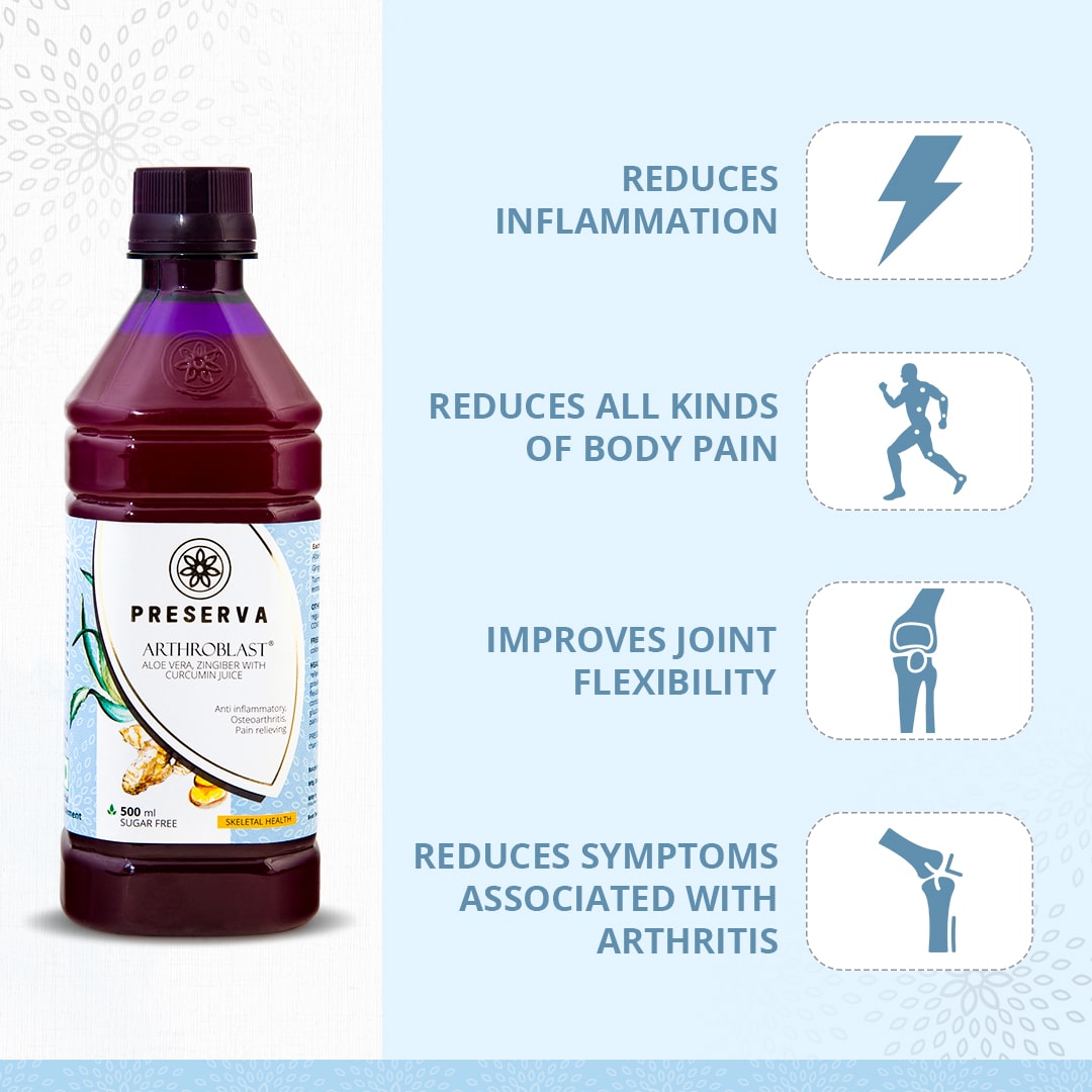 Preserva Wellness Arthroblast Juice with its Benefits. Text written- Reduces inflammation, reduces all kinds of body pain, improves joint flexibility, and reduces symptoms associated with arthritis.